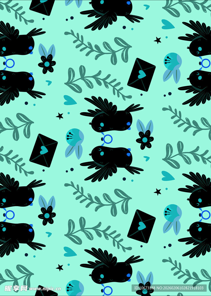 蓝底黑猫花卉图案设计