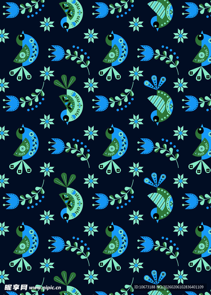 蓝色花鸟图案无缝背景