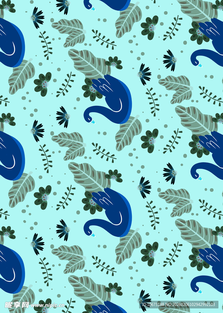 蓝底海马植物图案设计