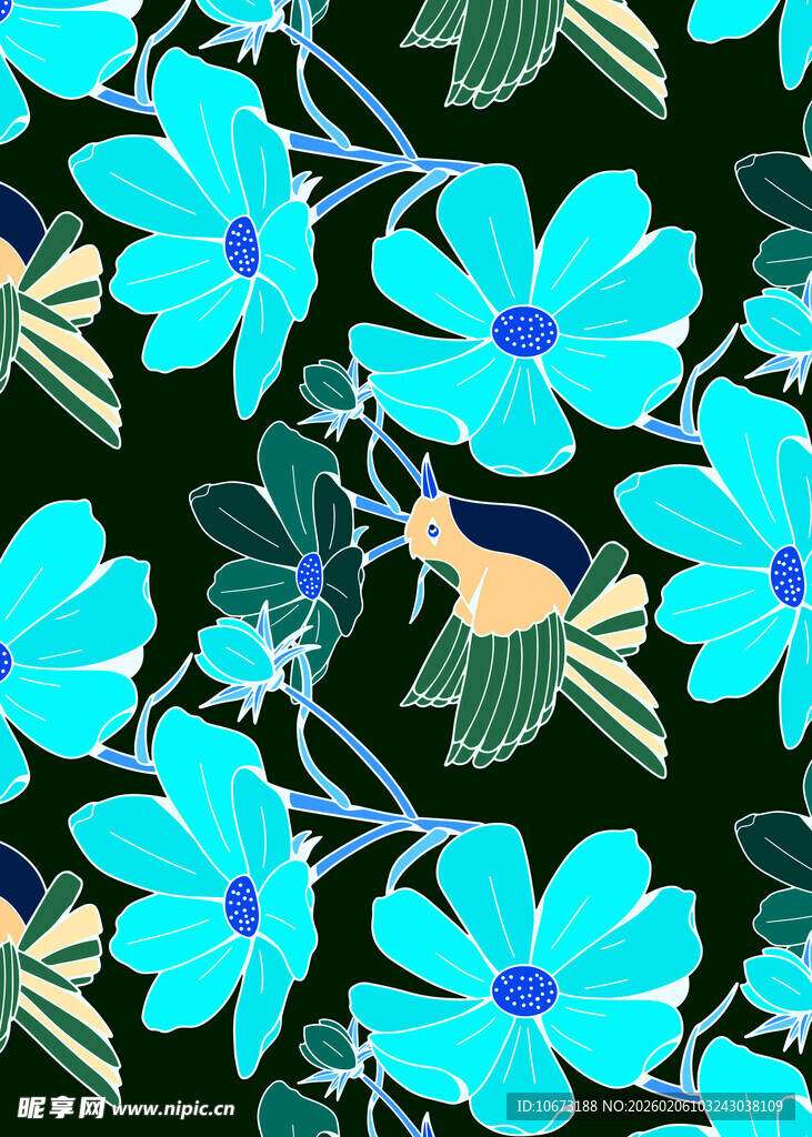 蓝花小鸟图案的精美设计