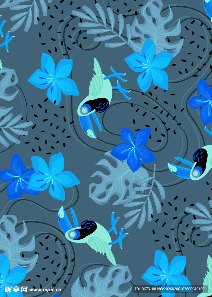 蓝绿花卉叶植物图案背景