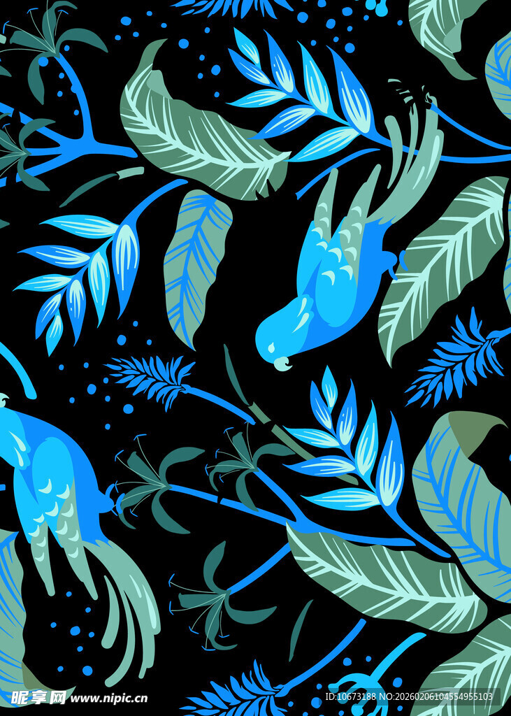 蓝绿植物与动物图案设计