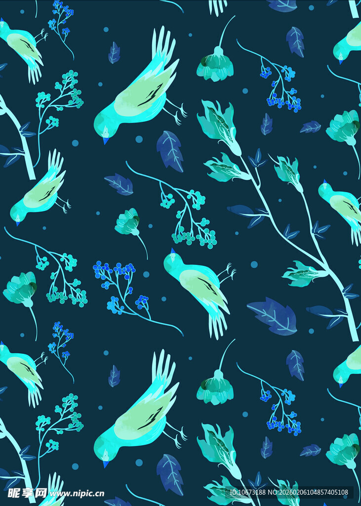 蓝底花鸟水彩图案纹理
