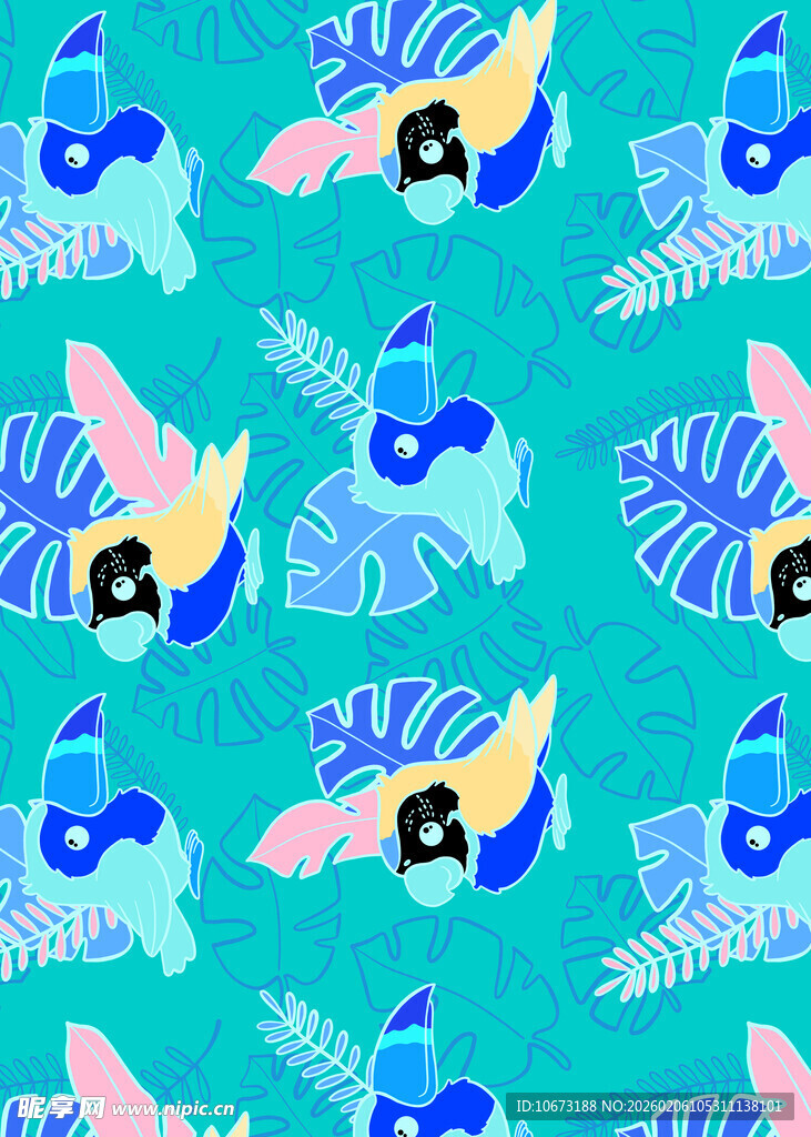 热带风动物植物印花图案