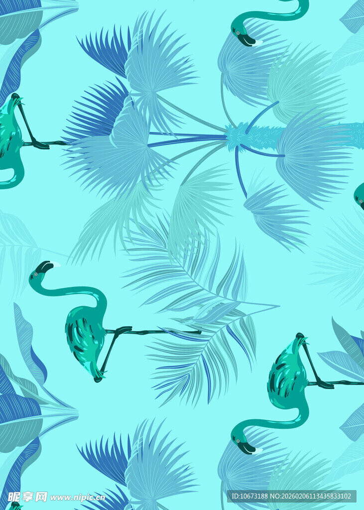 蓝底火烈鸟与棕榈叶图案
