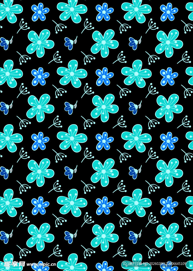 蓝绿小花黑色背景图案