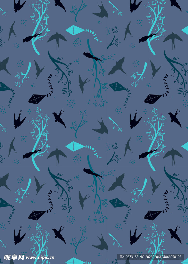 蓝底飞鸟枝叶图案纹理