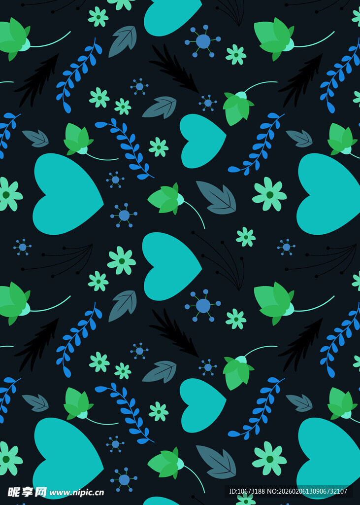 蓝绿花卉心形图案背景