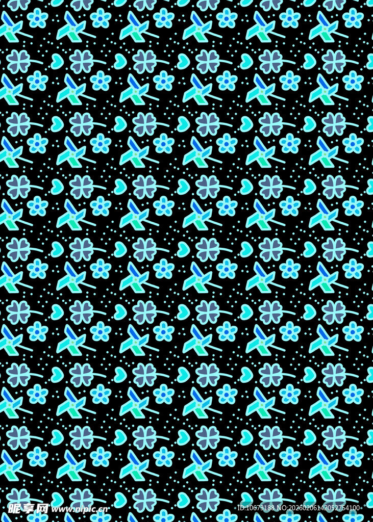 蓝白小花黑色背景图案