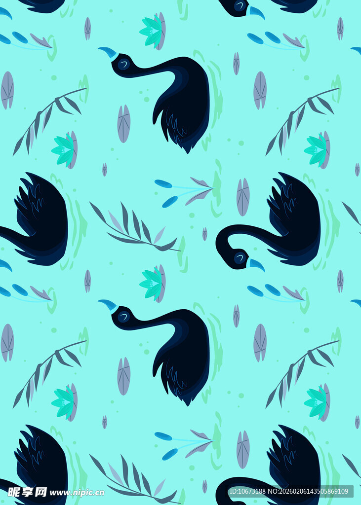蓝底黑天鹅花卉图案背景