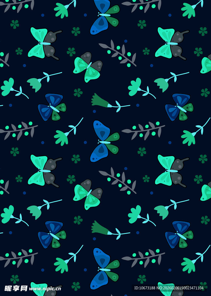 蓝绿飞鸟藤蔓无缝图案