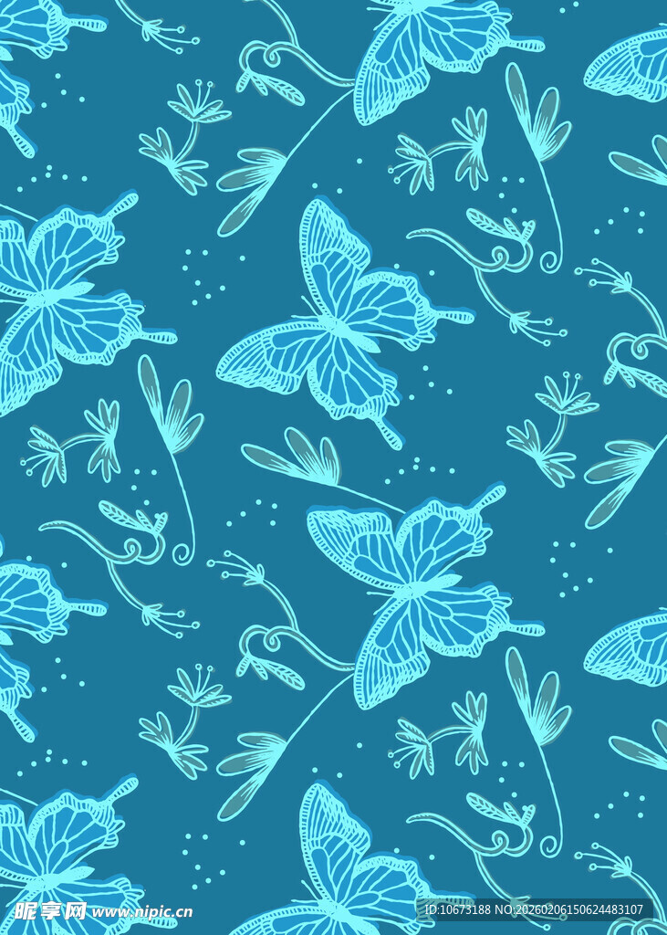 蓝底花卉蝴蝶图案背景