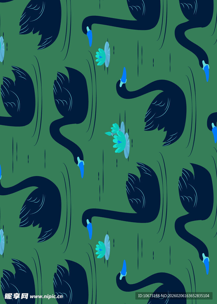 绿色背景黑天鹅花卉图案