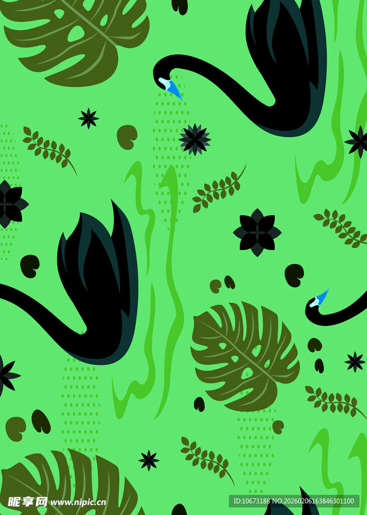 绿色背景黑天鹅植物图案
