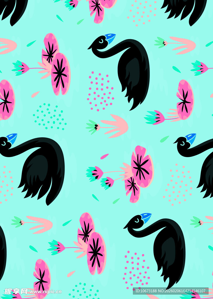 蓝底黑鸟花卉图案背景