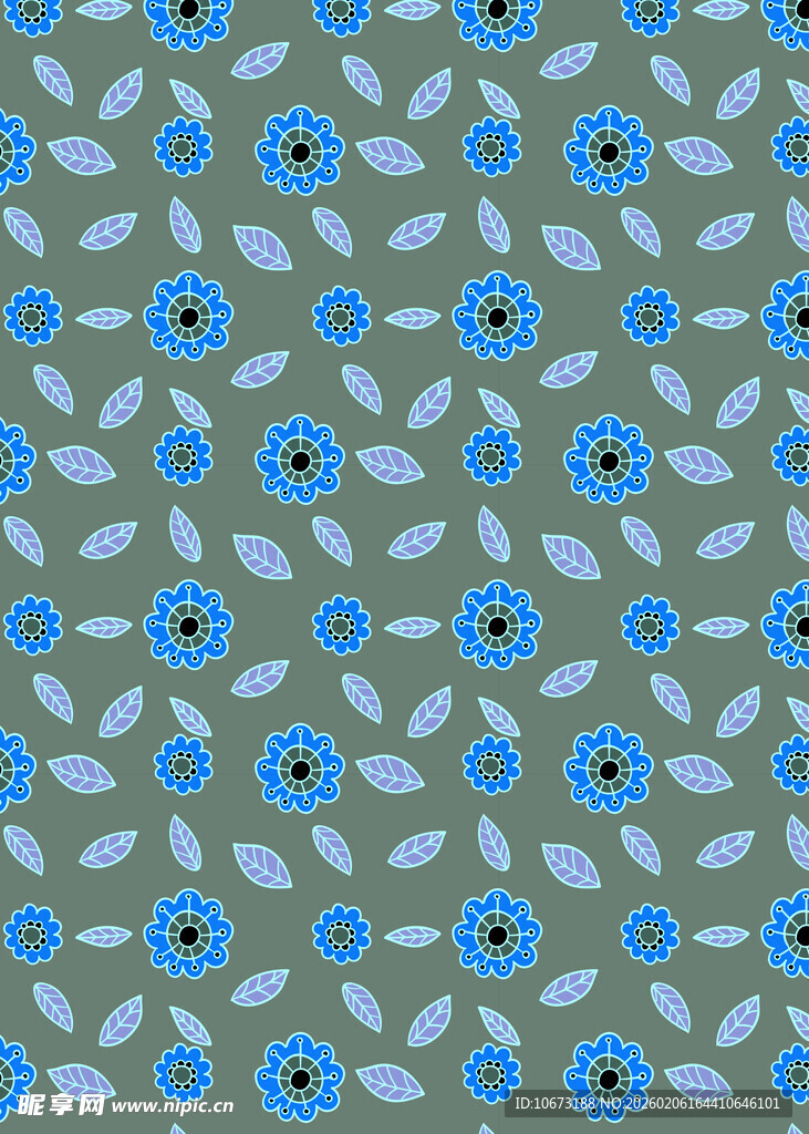 蓝花绿叶图案布料纹理