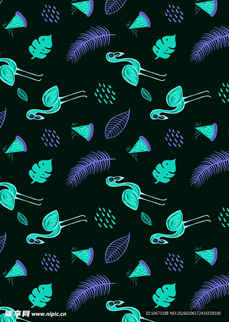 黑色底几何绿植图案背景