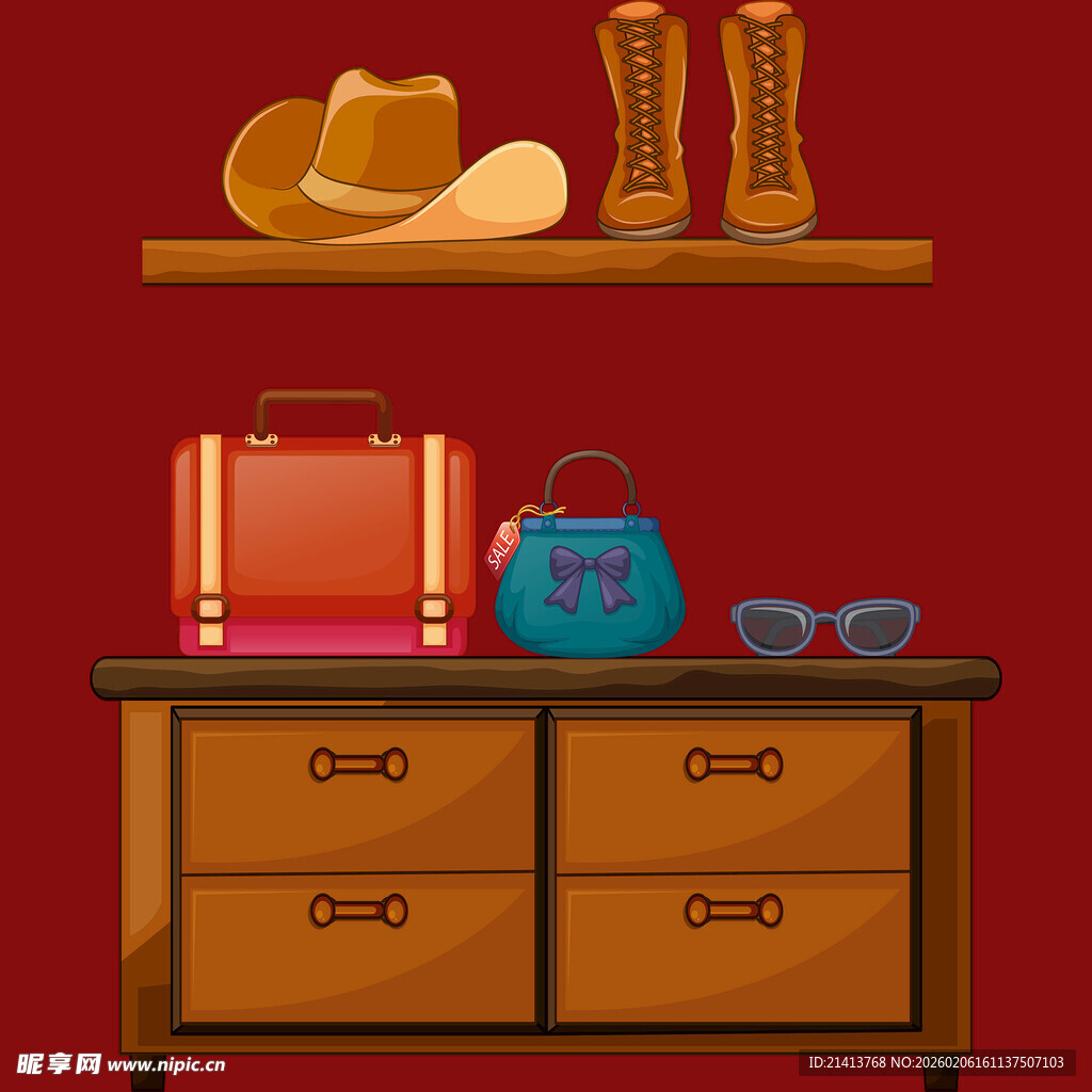 复古旅行装备陈列柜子上