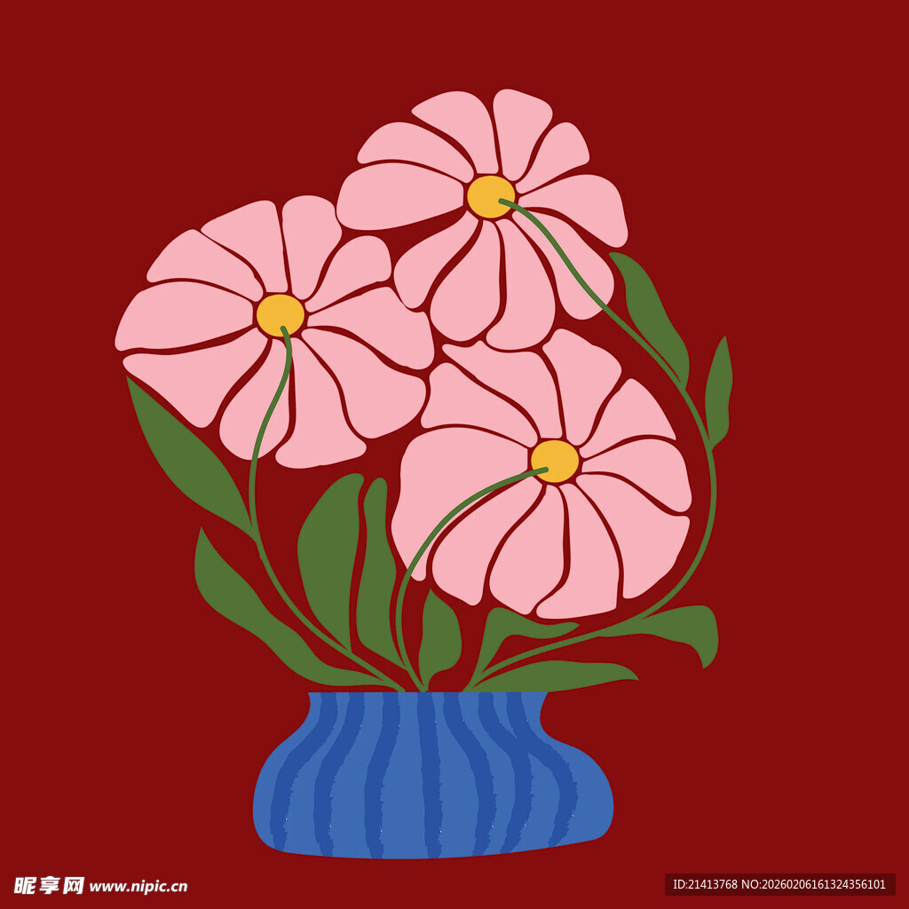 蓝色花瓶中的粉色花朵