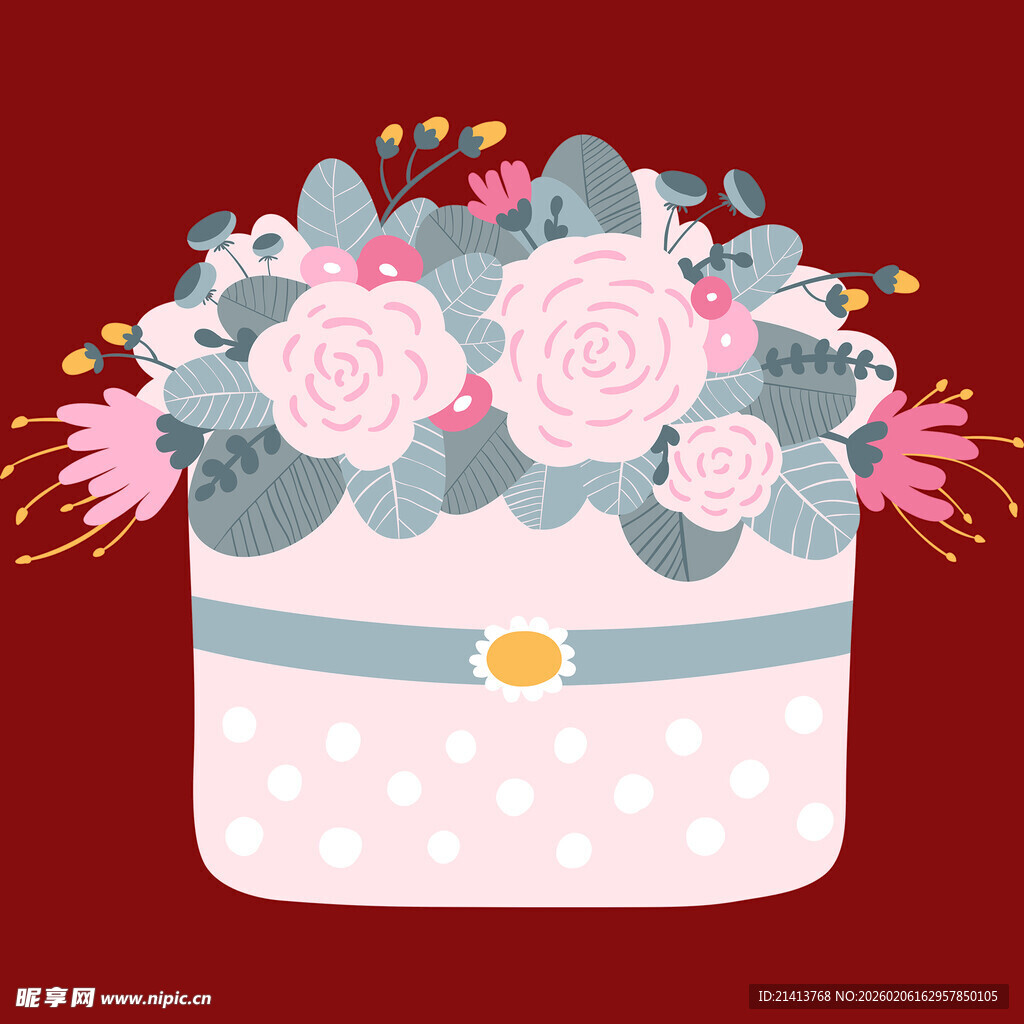 粉色花盒中的浪漫花卉