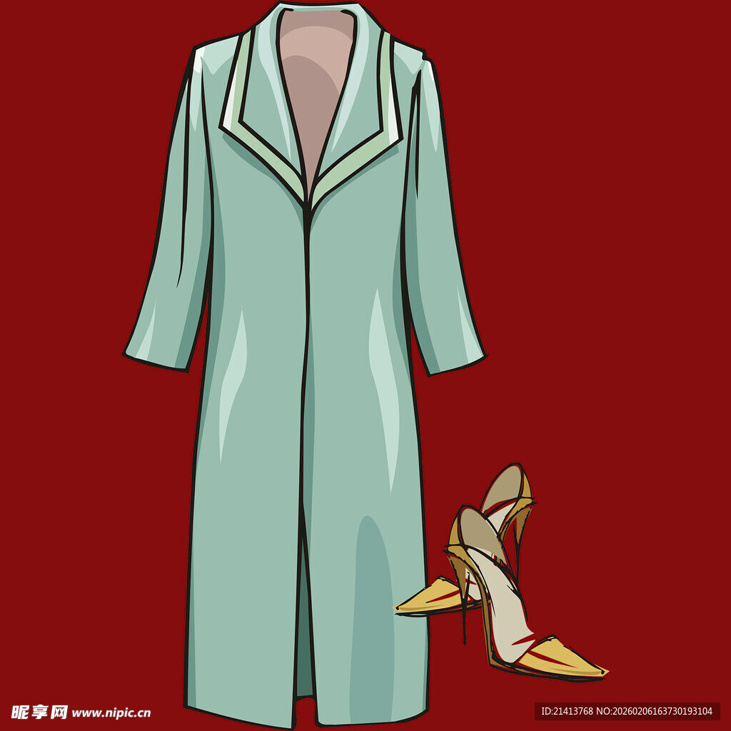 浅绿色风衣与金色高跟鞋