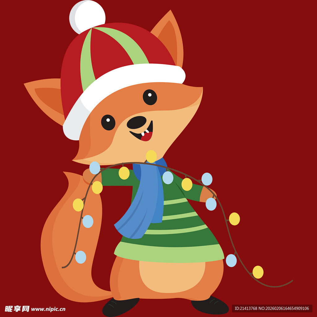 戴帽挂彩灯的可爱小狐狸