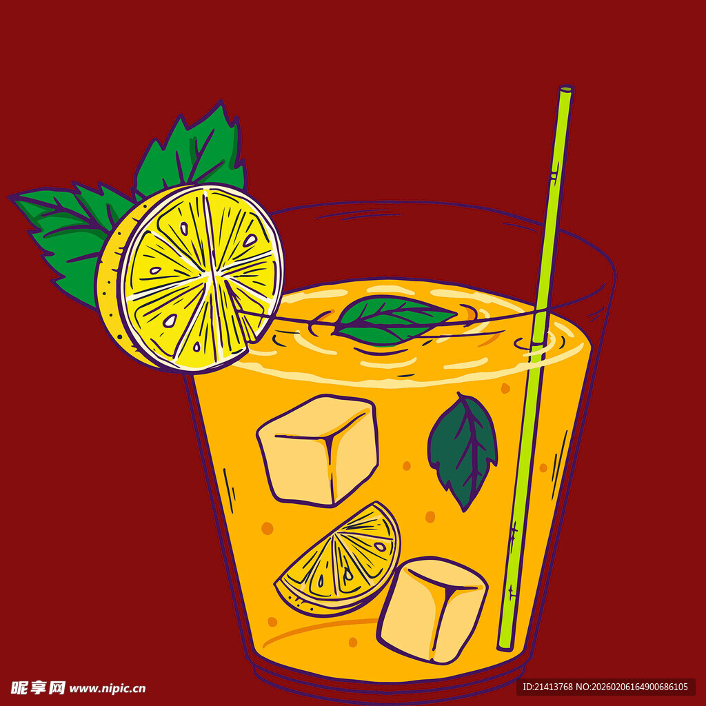 柠檬薄荷冰饮插画