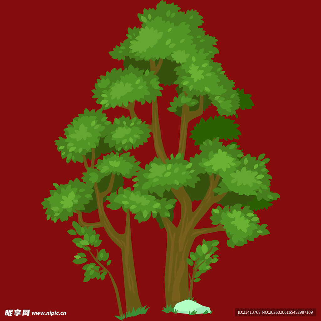 两棵绿树挺立在红背景中