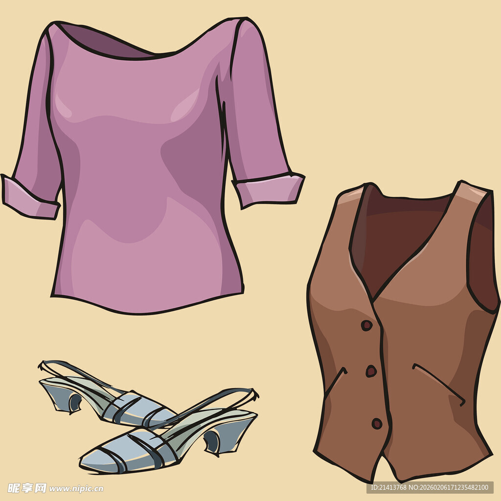 紫色上衣与棕色马甲及鞋