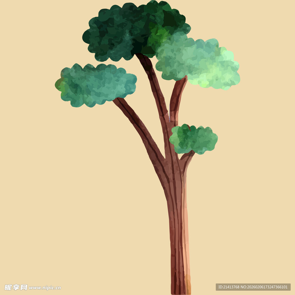 手绘风格的单棵绿色树木