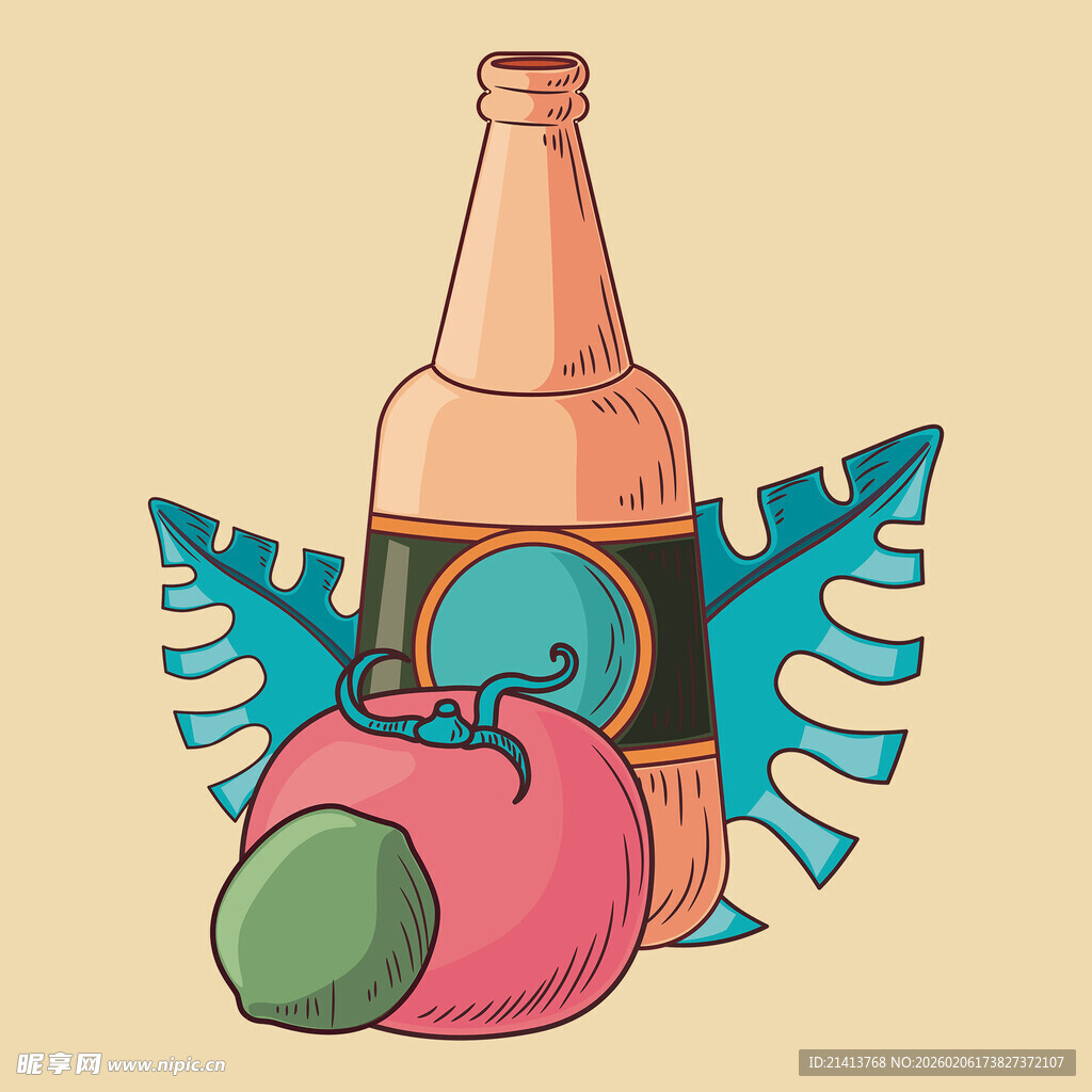 插画中的饮料与水果组合