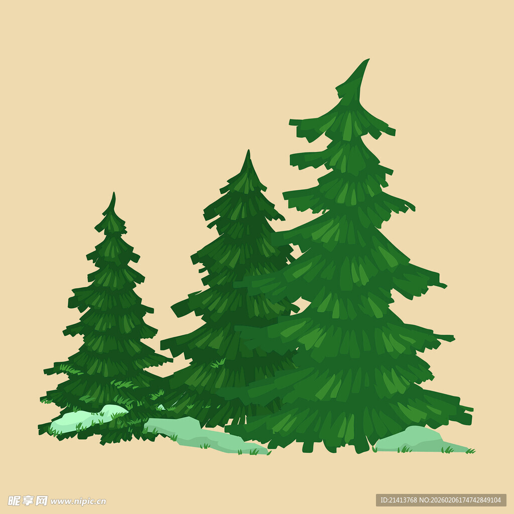 三棵挺拔的绿色松树