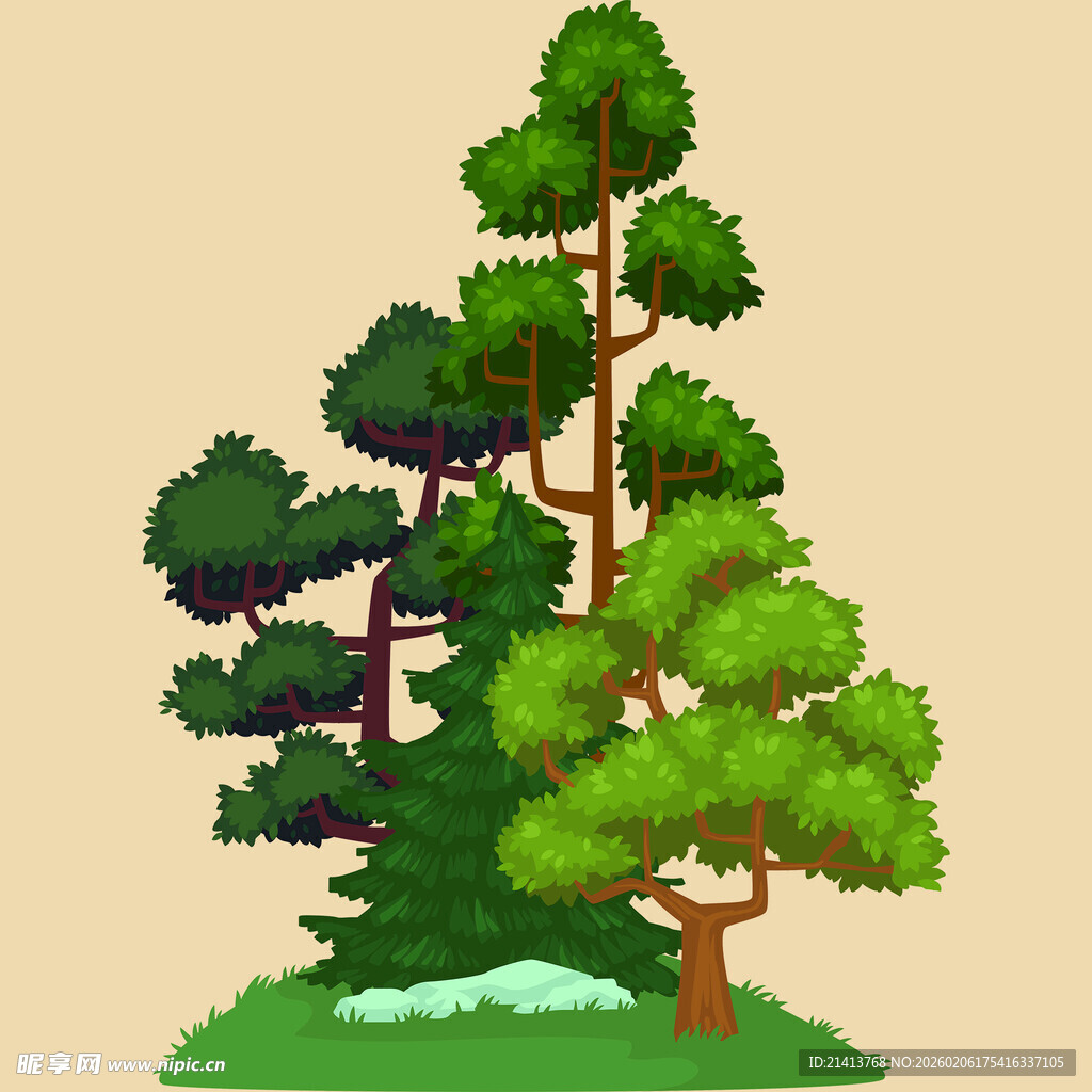 卡通风格的茂密树木景观