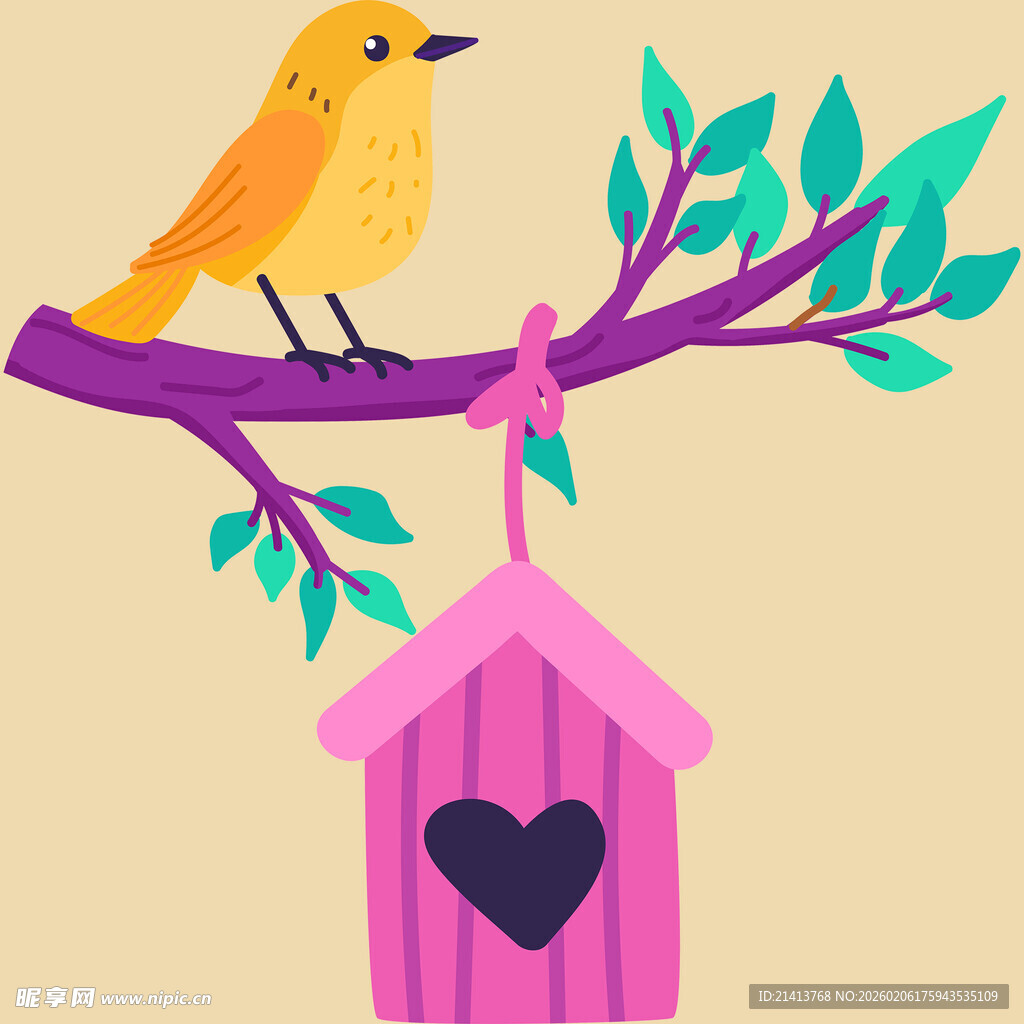 枝头小鸟与爱心鸟舍