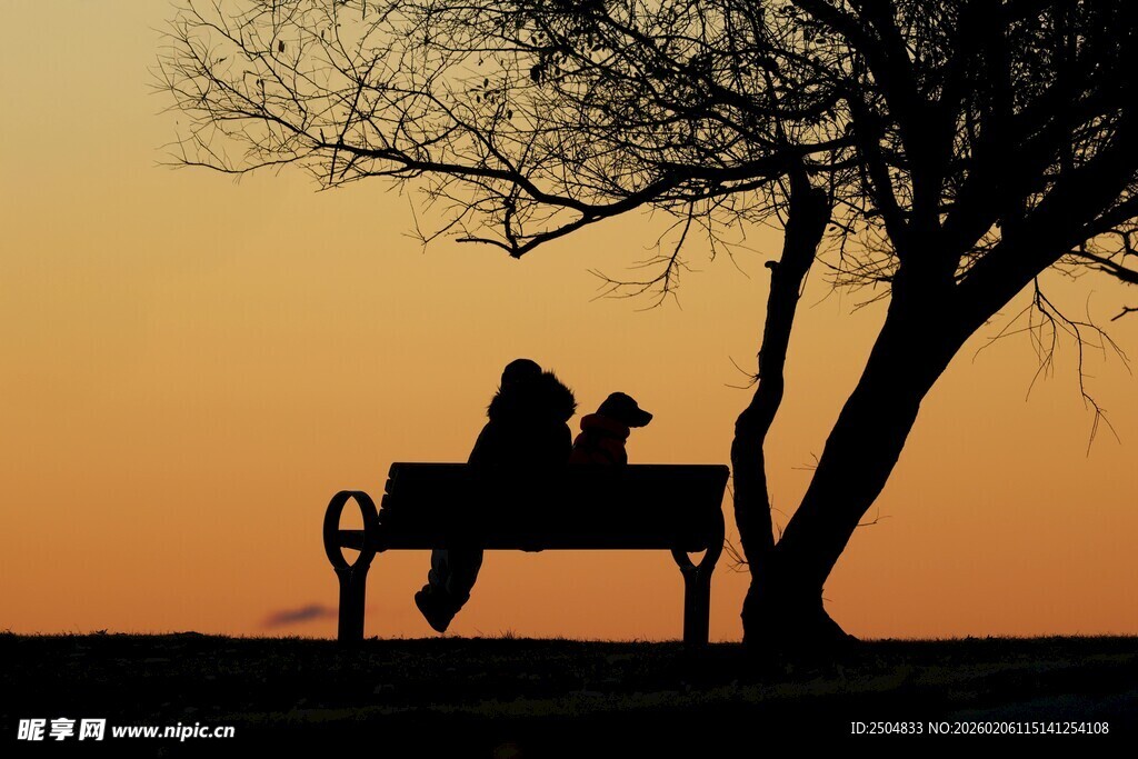 夕阳下长椅上人与狗剪影