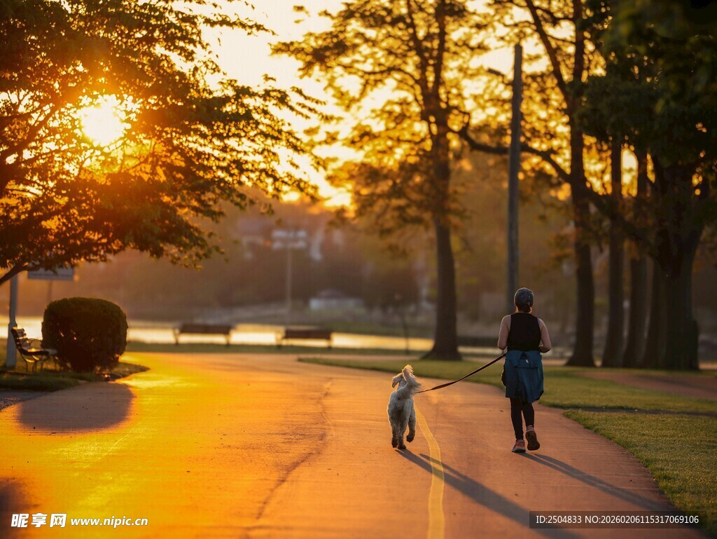 夕阳下的遛狗温馨时刻