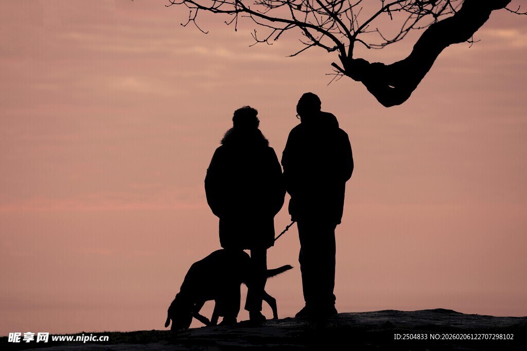 黄昏下人与狗的温馨剪影