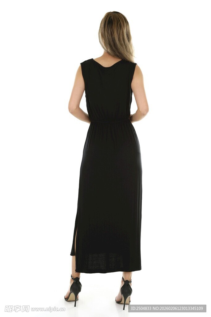 黑色无袖长款连衣裙背影