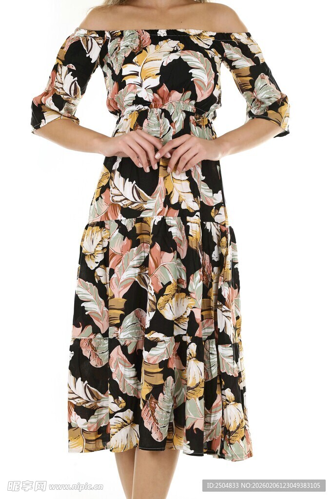  肩印花中长款连衣裙