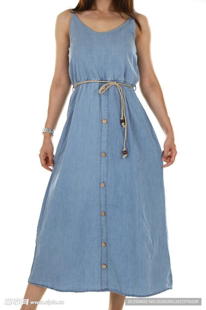 蓝色牛仔无袖长款连衣裙