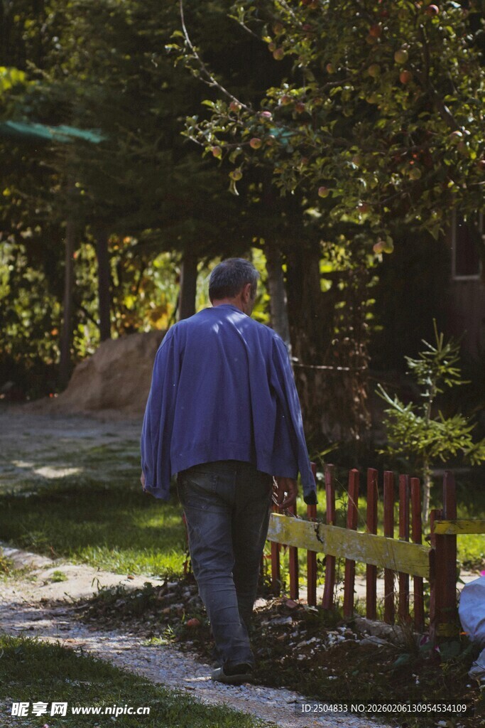 老人漫步于绿意环绕小径
