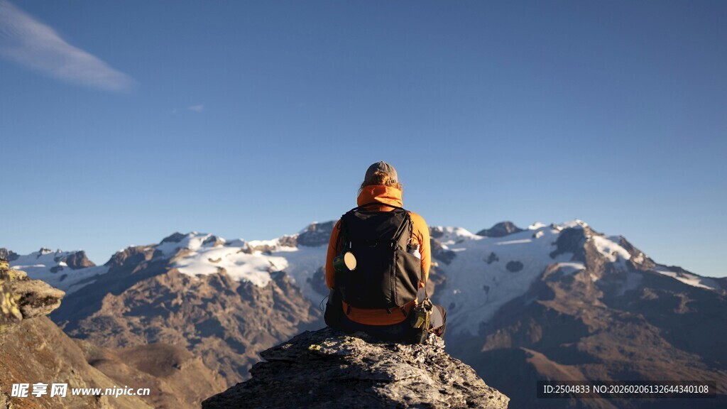 独坐山巅赏壮丽雪山景