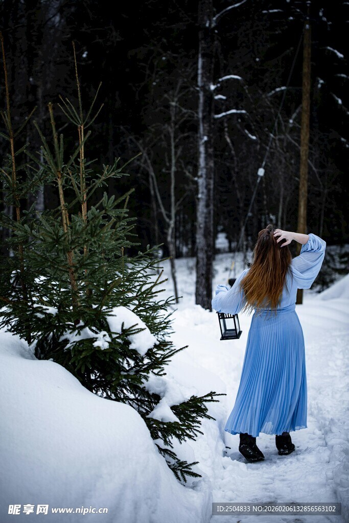 雪林中的蓝裙女子