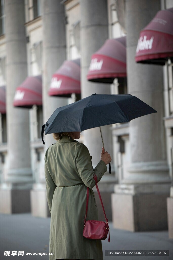 雨中撑伞漫步的时尚女子