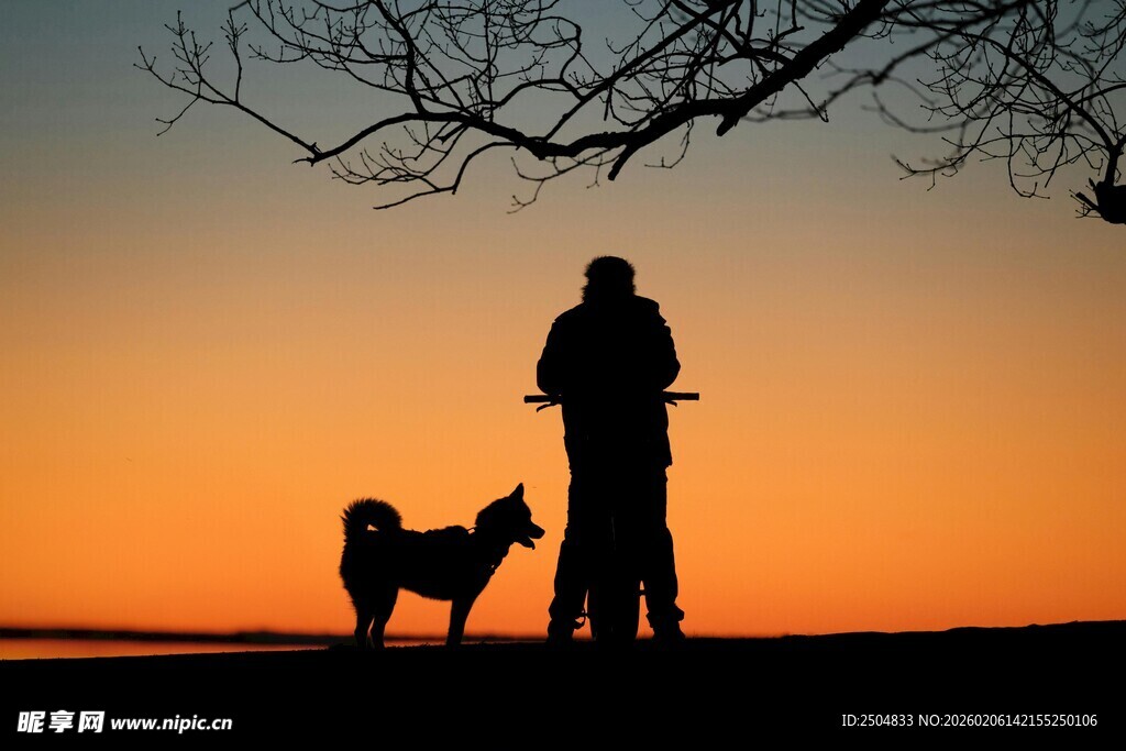 夕阳下人与狗的温馨剪影