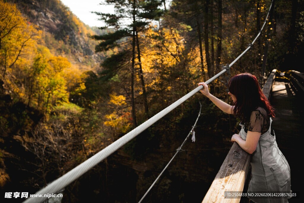女子倚栏赏秋日山林美景