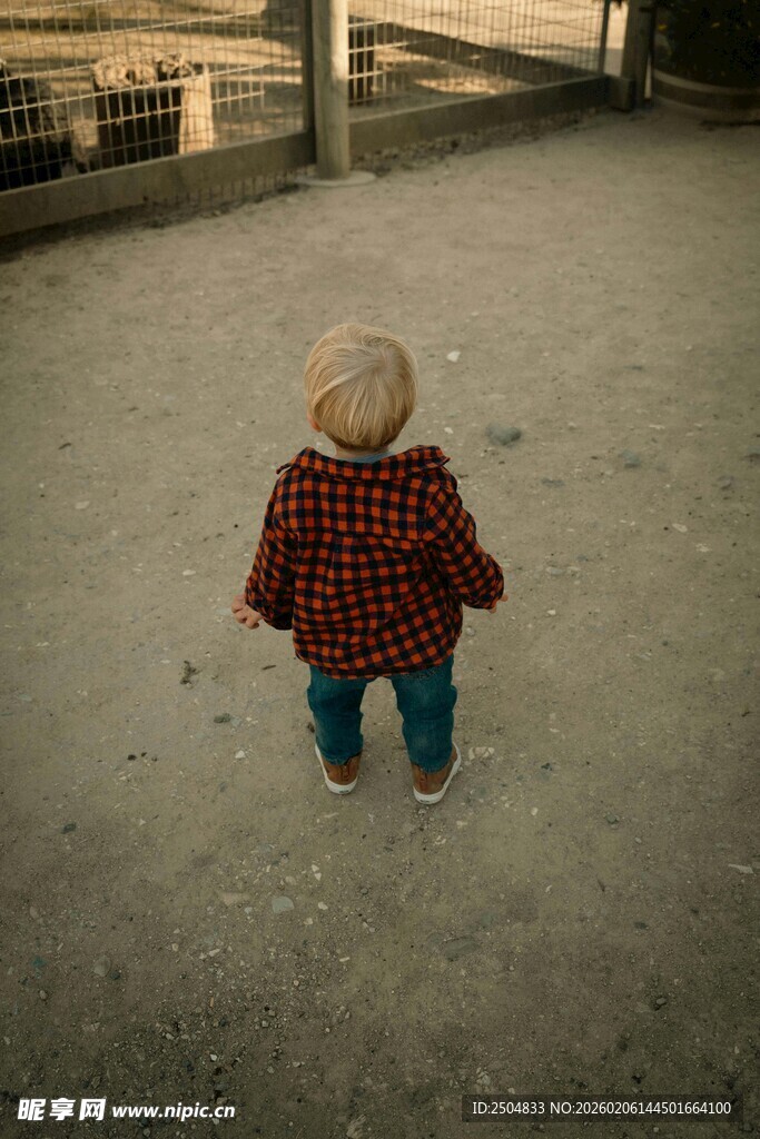 幼儿独自走在户外小路上