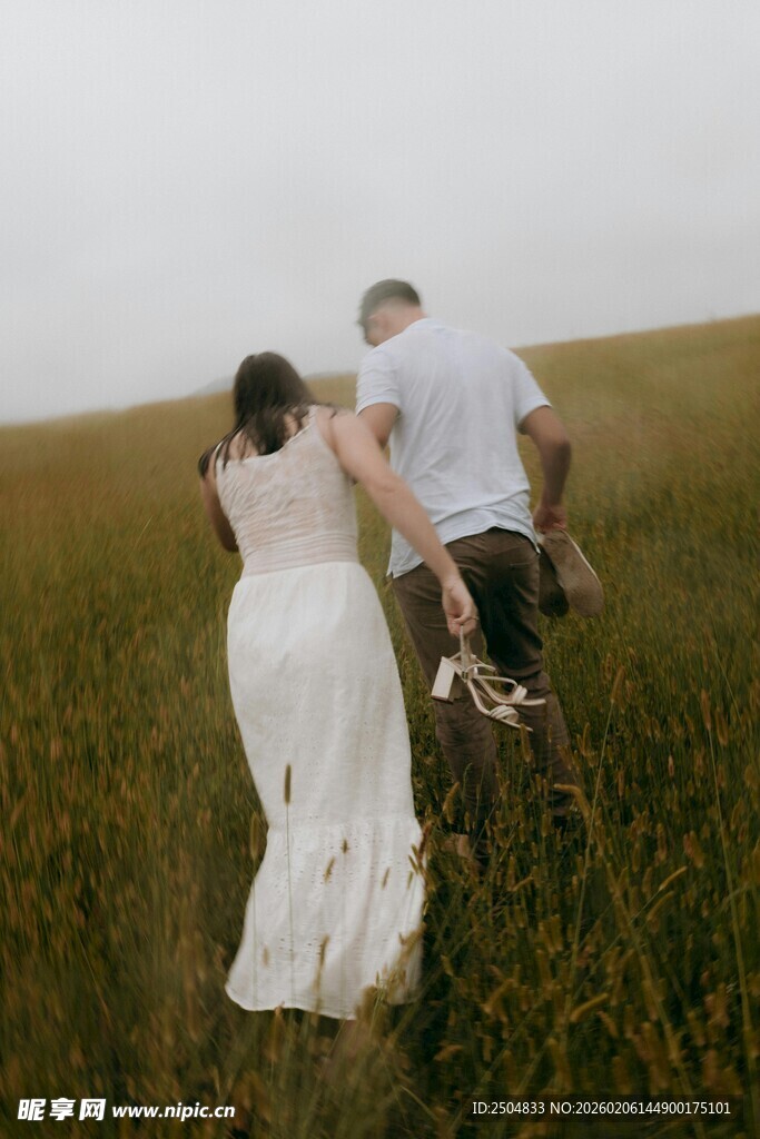 田野中漫步的新婚夫妇