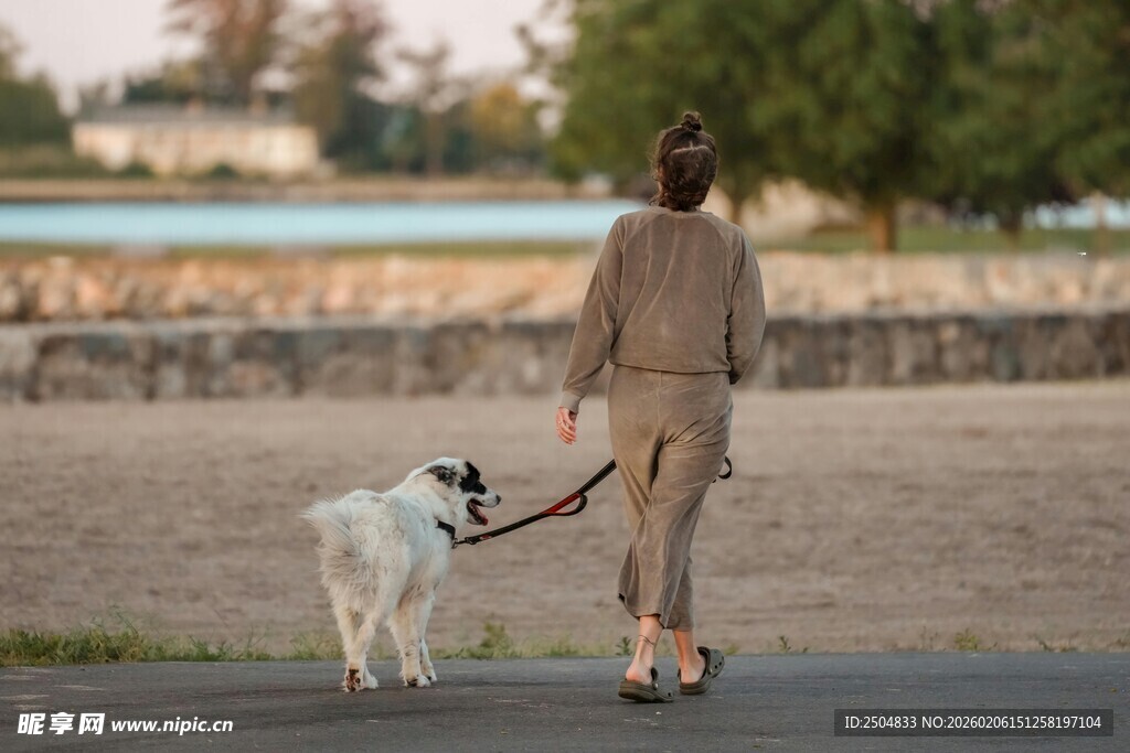 女子牵大狗漫步户外