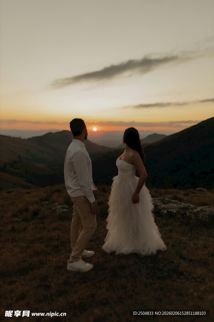 夕阳下的浪漫新婚夫妇